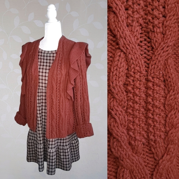 Universal Thread Cottagecore Cable Knit Ruffle Detail Open Front Cardigan Rust - Picture 1 of 11